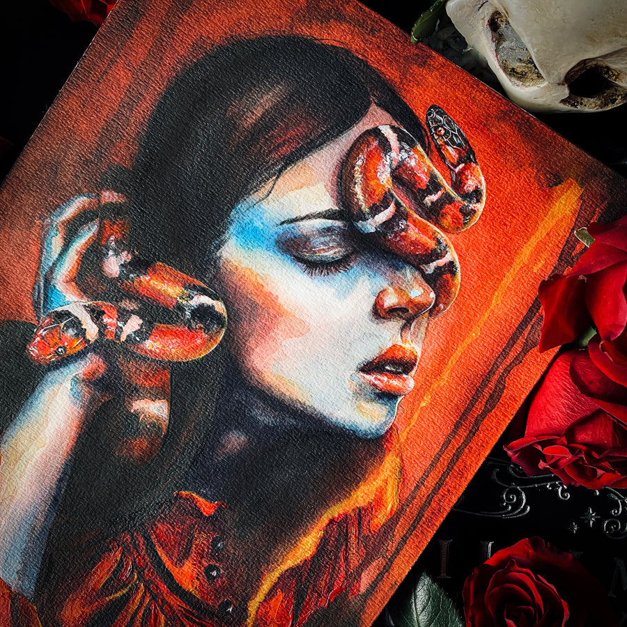 Watercolor painting of a woman with closed eyes wearing a red dress, with a red and black snake coiled around her head and hand, dark gothic art print