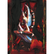 Watercolor painting of pale hands with long nails holding a red and black snake, gothic dark art print with red background