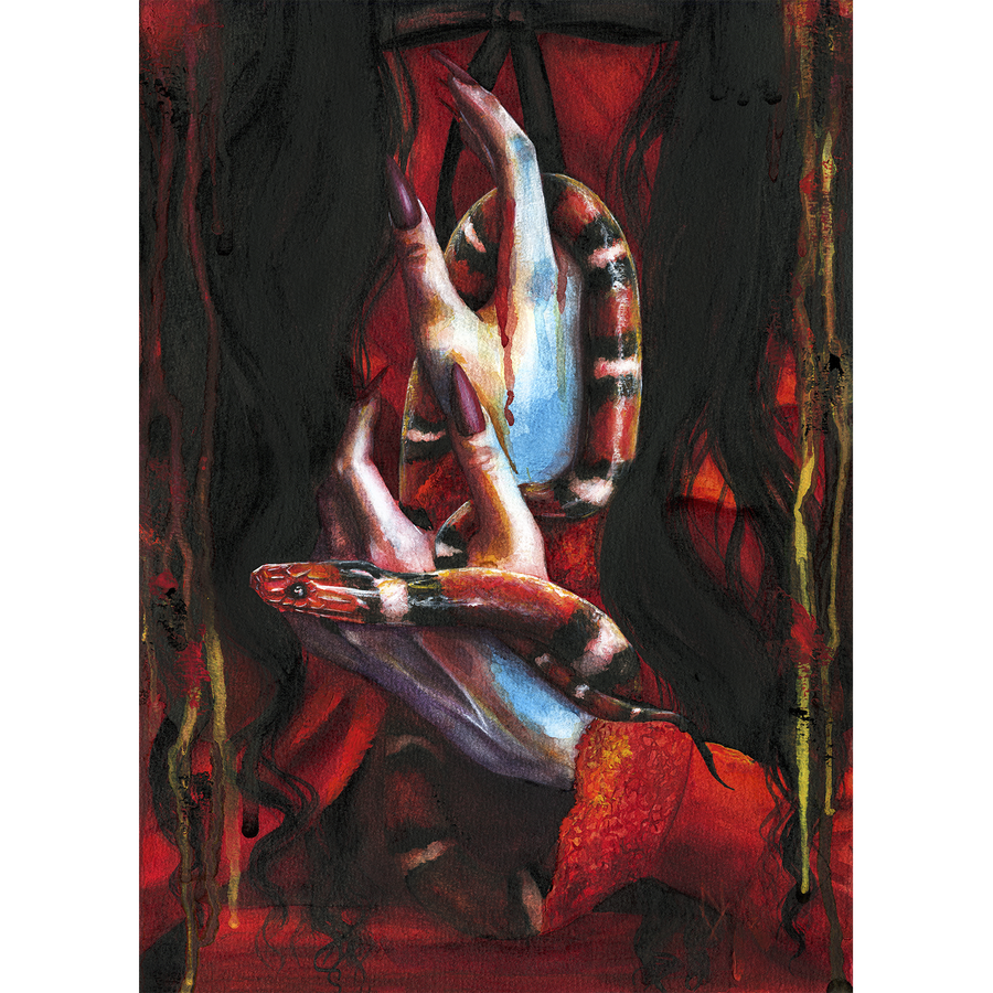Watercolor painting of pale hands with long nails holding a red and black snake, gothic dark art print with red background