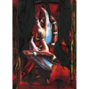 Watercolor painting of pale hands with long nails holding a red and black snake, gothic dark art print with red background