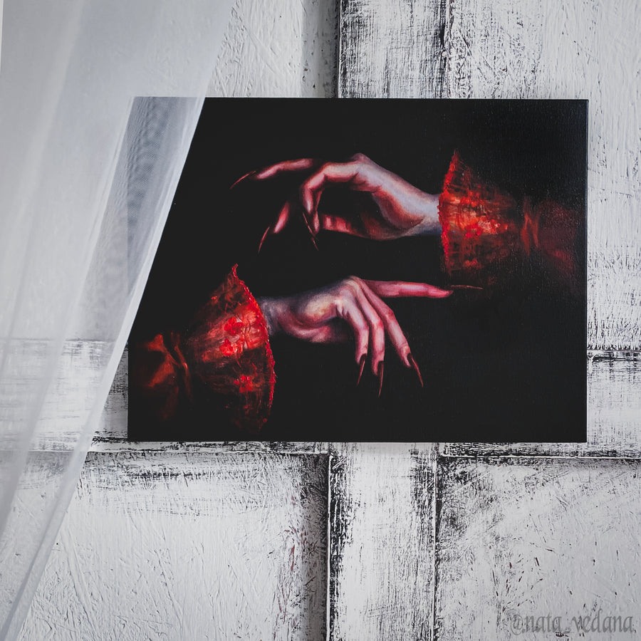 Artistic depiction of hands holding a red fruit against a dark background, displayed on a textured wall.