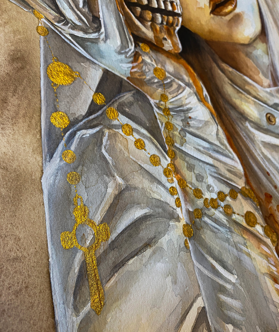 Watercolor painting of a pale woman with long blonde hair holding a cracked skull, wearing white gloves with golden rosary beads, gothic symbolic art print in warm tones