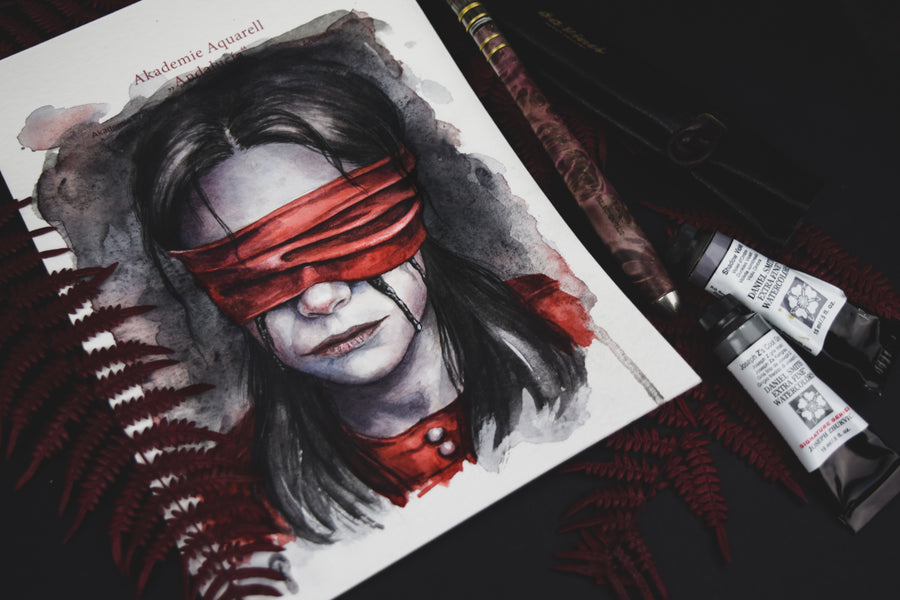 Artistic depiction of a person with a red blindfold on a dark background