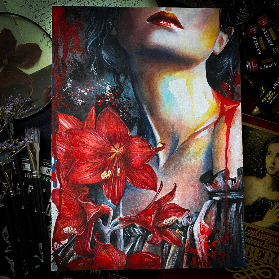 Artistic depiction of a woman's face with red flowers and a palette in the foreground.