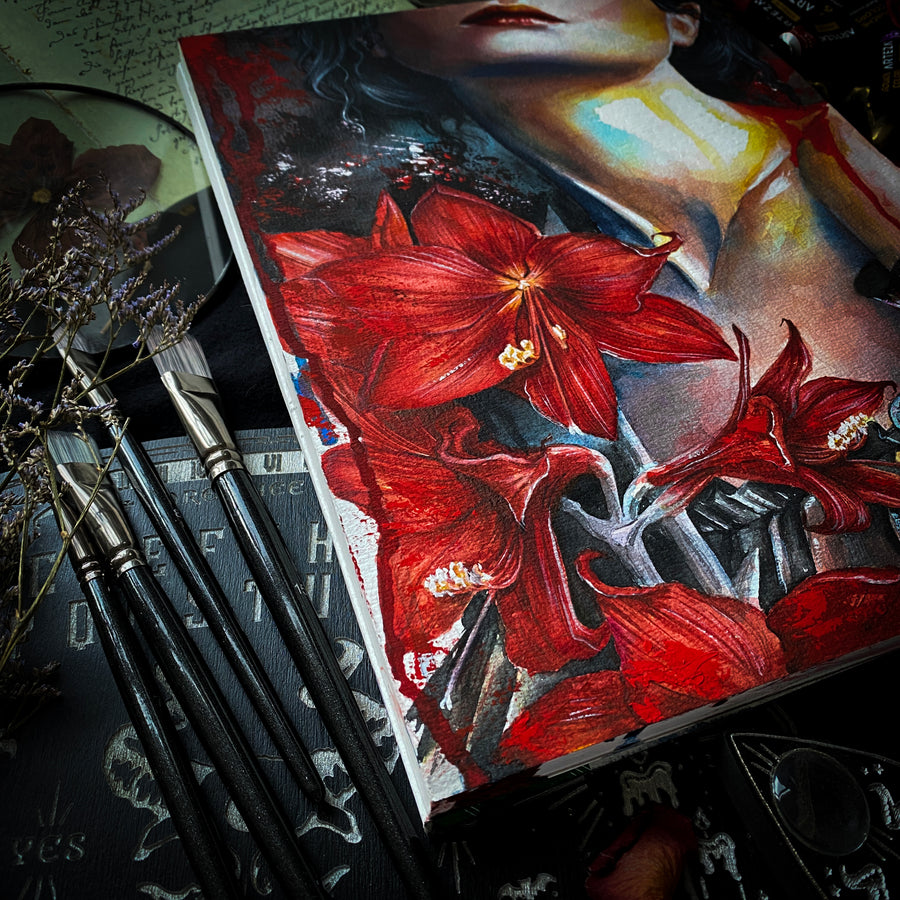 Watercolor painting of a gothic woman with red lips and dark hair, surrounded by large red flowers, symbolic dark art print with dramatic contrast