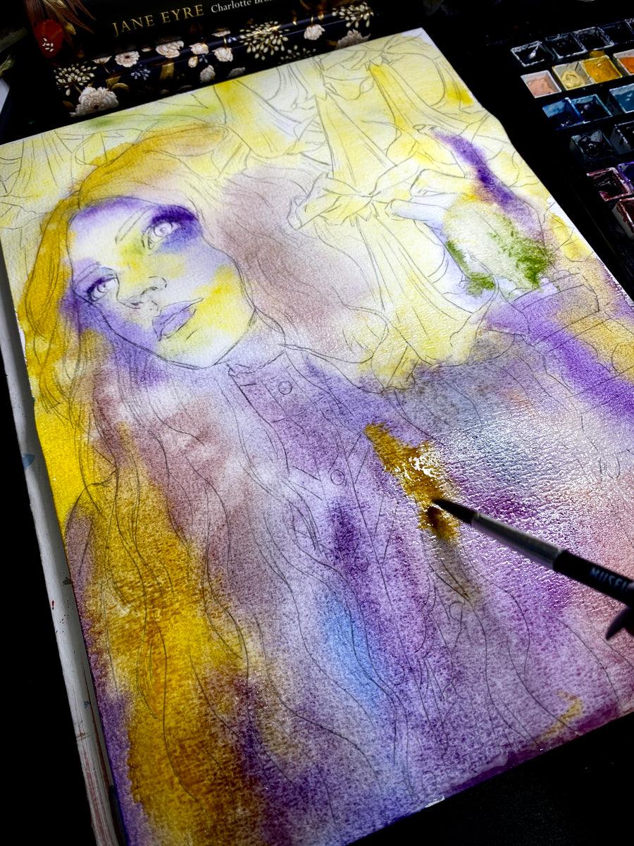 Watercolor painting of a gothic woman with long dark hair and glowing amber eyes, wearing a purple dress, surrounded by yellow angel’s trumpet flowers