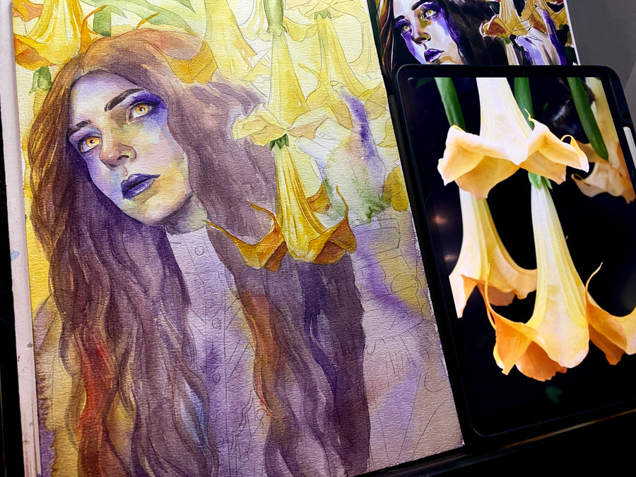 Watercolor painting of a gothic woman with long dark hair and glowing amber eyes, wearing a purple dress, surrounded by yellow angel’s trumpet flowers