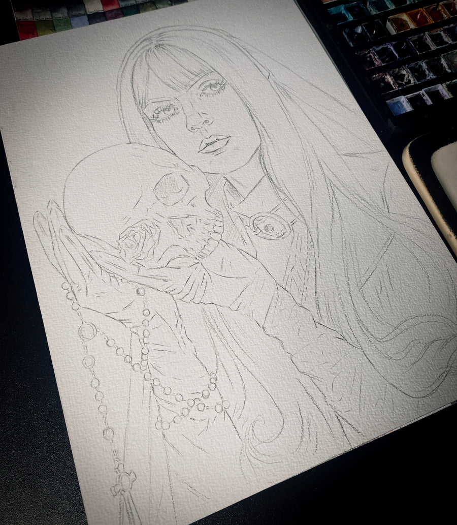 Pencil sketch of a woman holding a skull on a white sheet of paper.