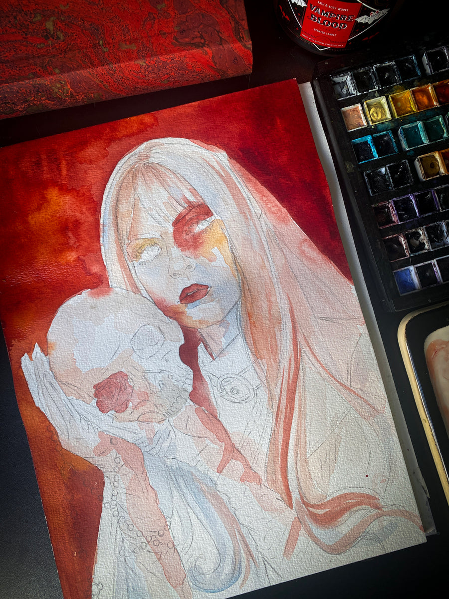 Watercolor painting of a pale gothic woman with long white hair holding a skull with a red rose, wearing white gloves, with blood tears and red background