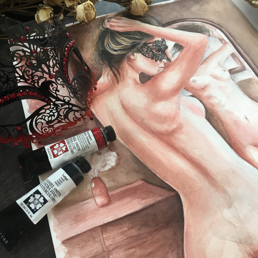 Artistic depiction of a woman with lace headband, tubes of paint, and dried flowers on a wooden surface.