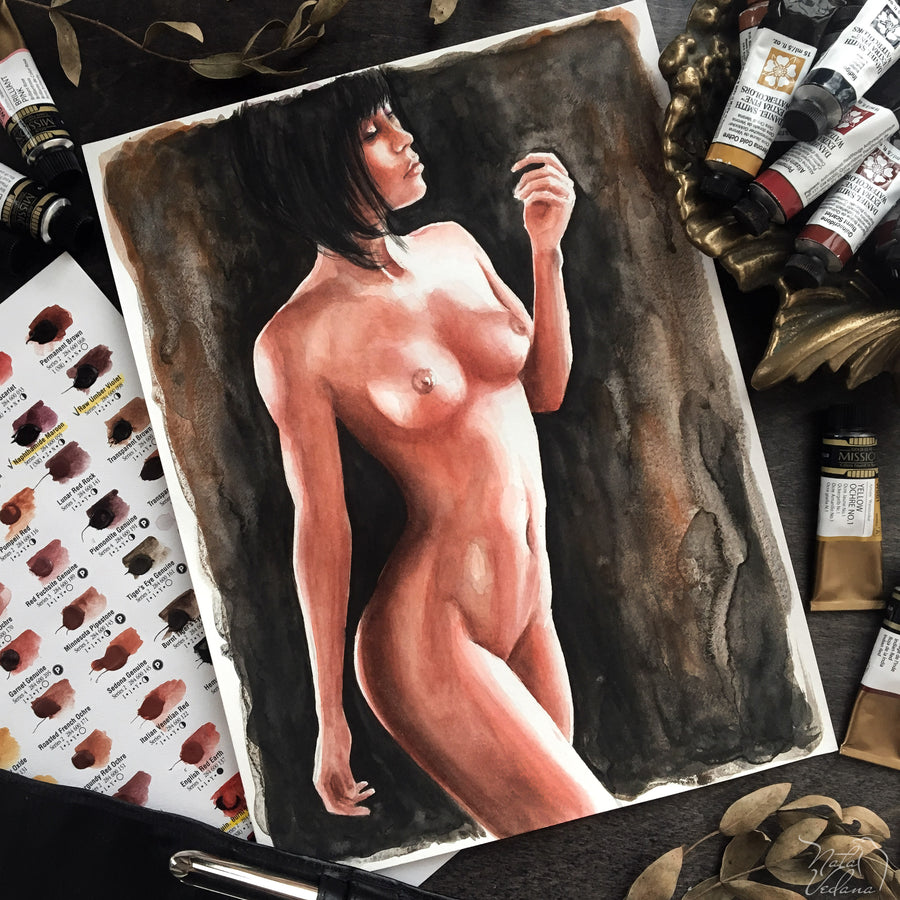 Artistic depiction of a nude figure on a painting surface with art supplies around.