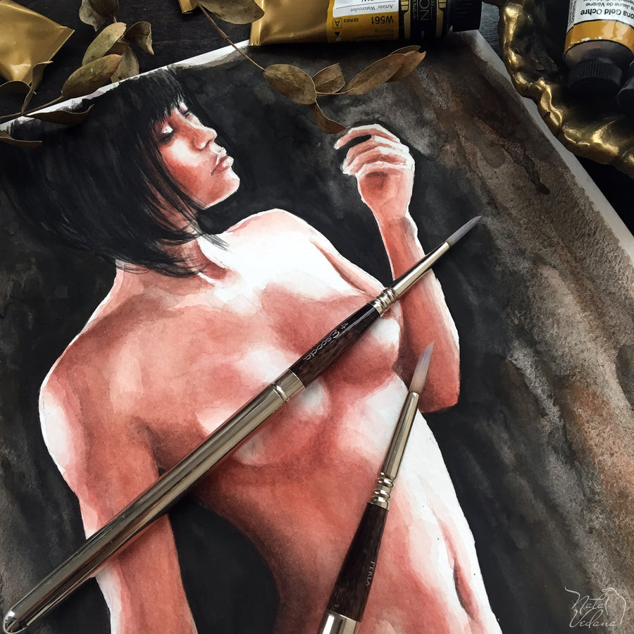 Artistic depiction of a nude figure with painting tools on a dark surface