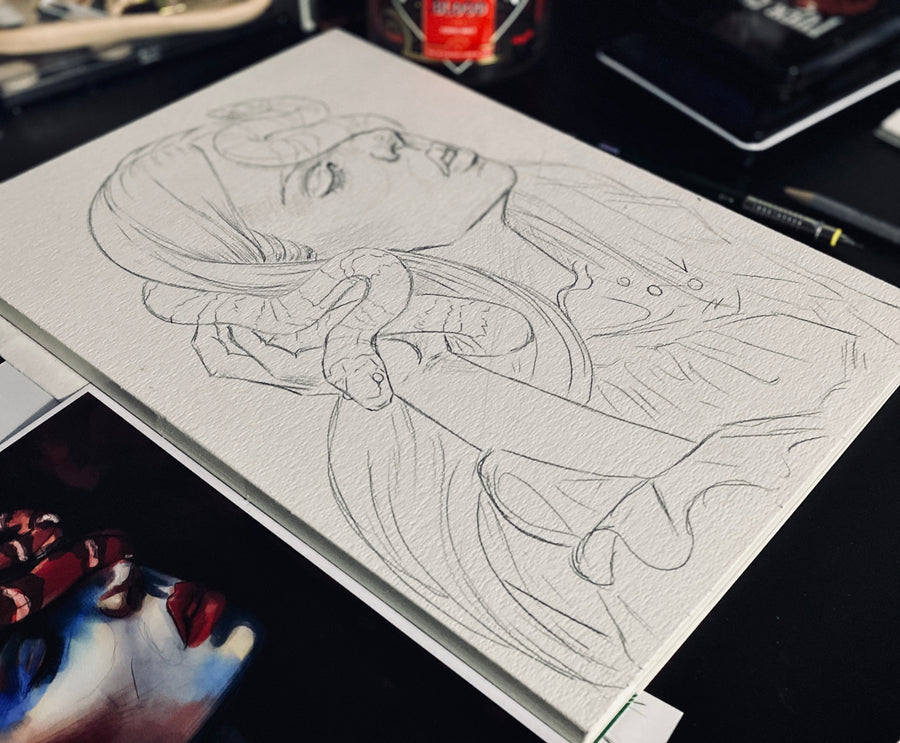 Watercolor painting of a woman with closed eyes wearing a red dress, with a red and black snake coiled around her head and hand, dark gothic art print