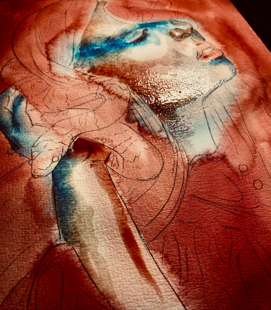 Watercolor painting of a woman with closed eyes wearing a red dress, with a red and black snake coiled around her head and hand, dark gothic art print