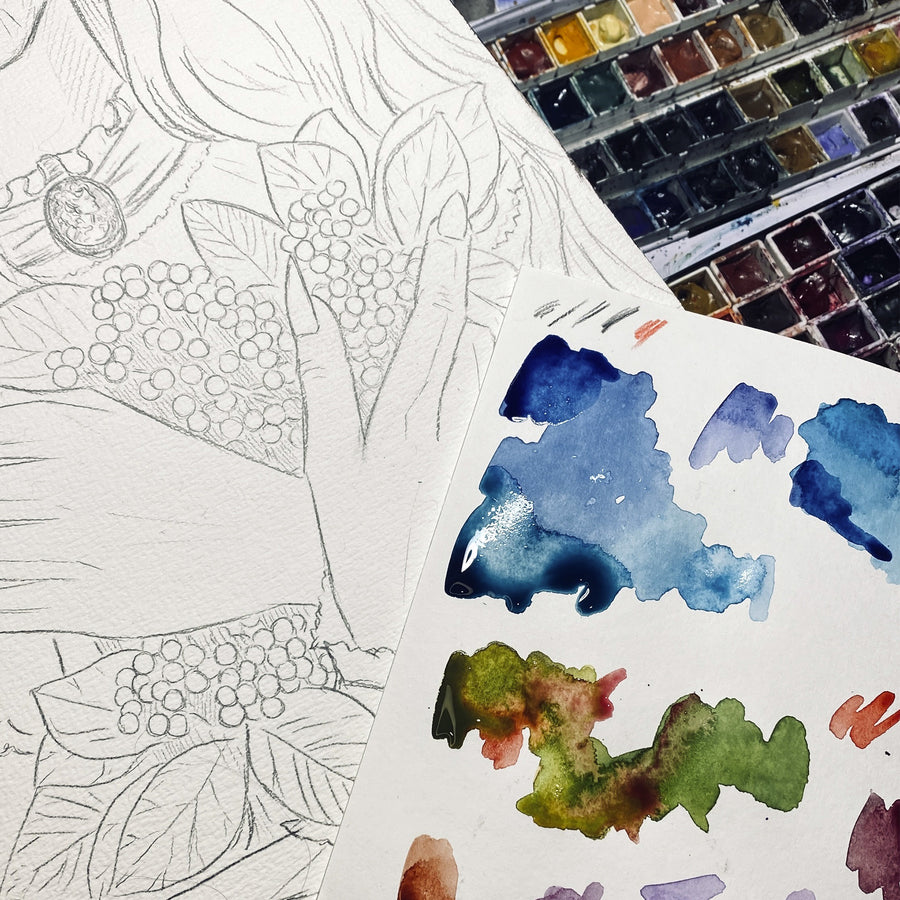 Watercolor painting of a gothic woman in a dark dress with crossed pale hands holding clusters of black berries and autumn leaves, with blue lips and dripping paint effect