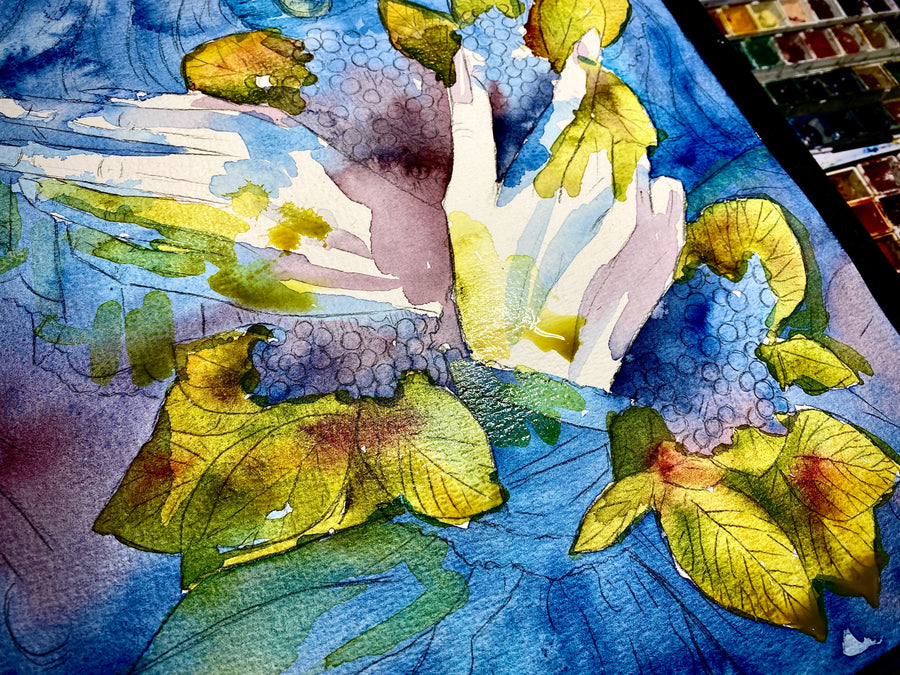 Watercolor painting of a gothic woman in a dark dress with crossed pale hands holding clusters of black berries and autumn leaves, with blue lips and dripping paint effect