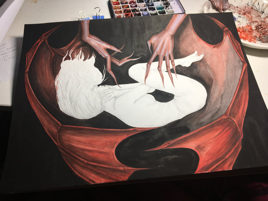 Artistic depiction of a figure with red wings and a hand reaching towards them, on a black background.