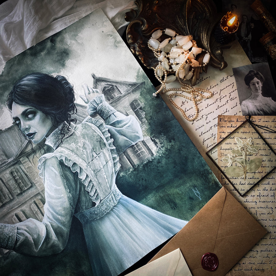 Watercolor painting of a gothic woman in a vintage dress standing in front of a haunted mansion, dark atmospheric art print with mist and eerie mood