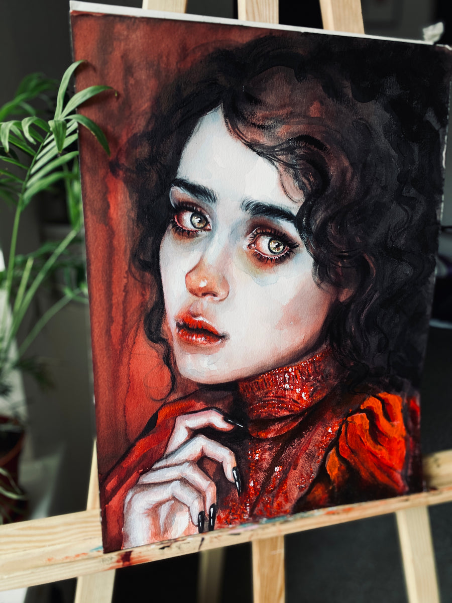 Artistic depiction of a woman's face on a canvas with a plant in the background