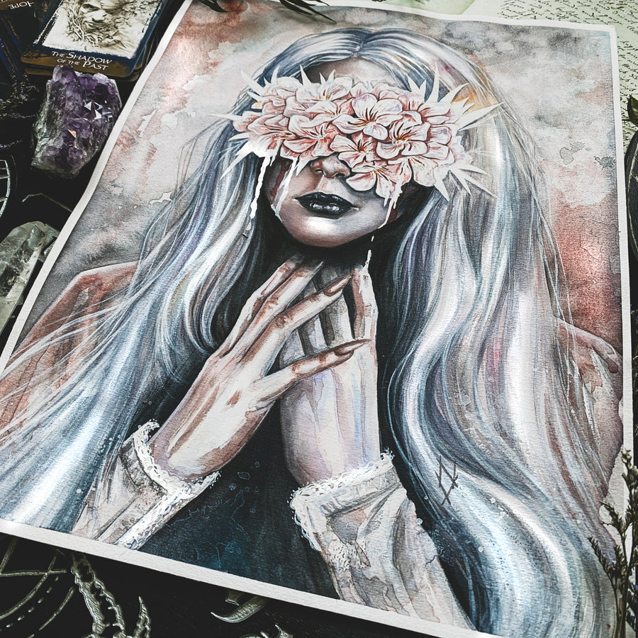 Watercolor painting of a pale woman with long silver hair, black lips, and eyes covered by a bouquet of pink flowers, gothic surreal art print with folded hands