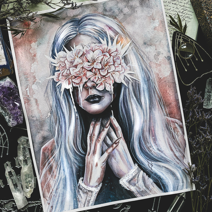 Watercolor painting of a pale woman with long silver hair, black lips, and eyes covered by a bouquet of pink flowers, gothic surreal art print with folded hands
