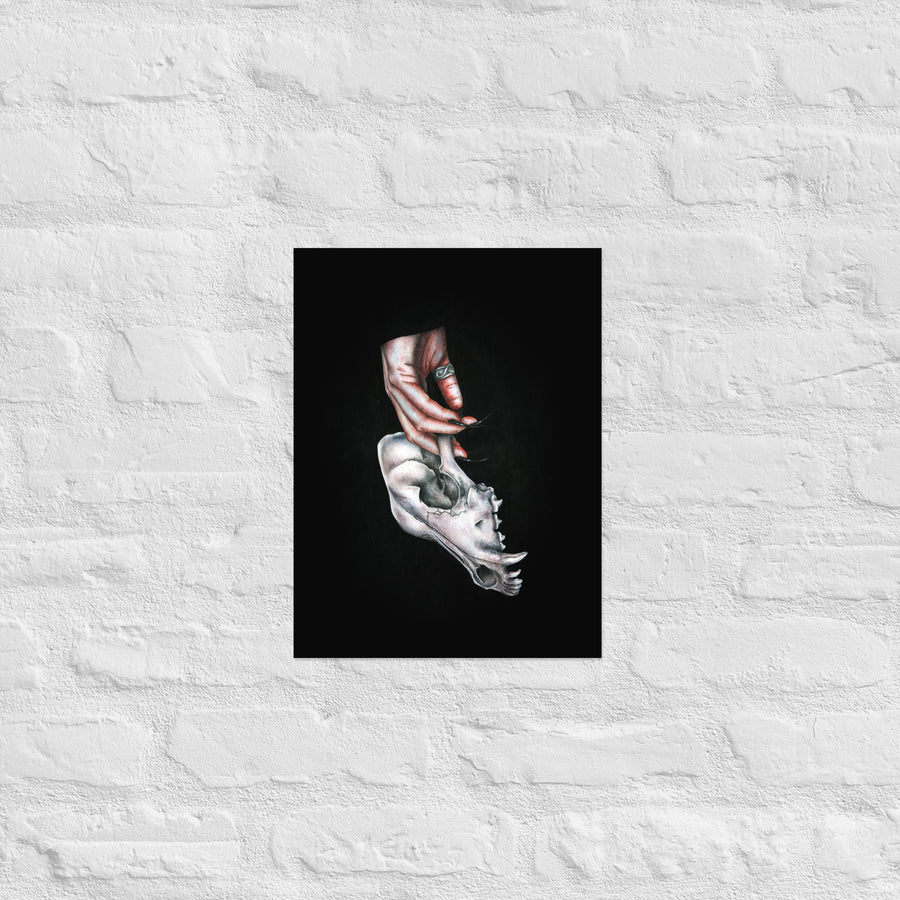 A pale animal skull dangles from long, sharp claws - a symbol of mortality, power, and the dark elegance of the gothic aesthetic.
Painted traditionally with watercolor and pencil on textured paper, this piece captures every shadow, vein, and delicate crack in bone.