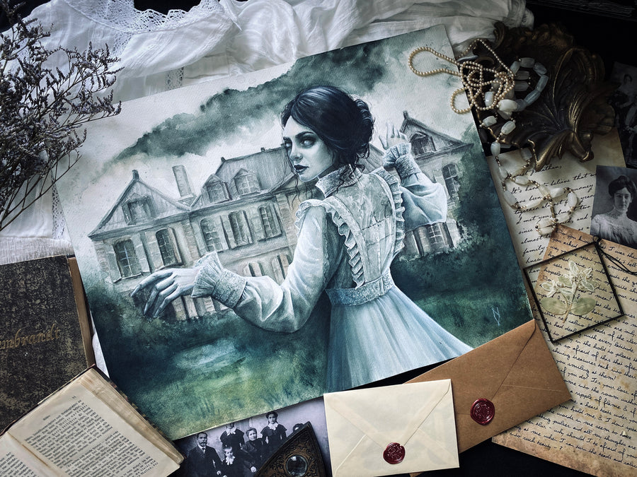 Watercolor painting of a gothic woman in a vintage dress standing in front of a haunted mansion, dark atmospheric art print with mist and eerie mood