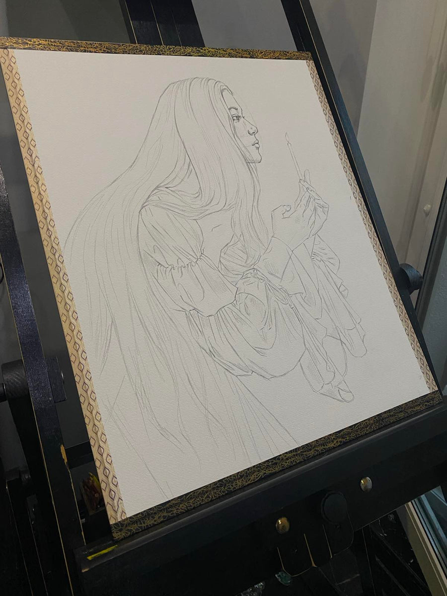 Outline drawing of a person on a white sheet of paper with a decorative border.