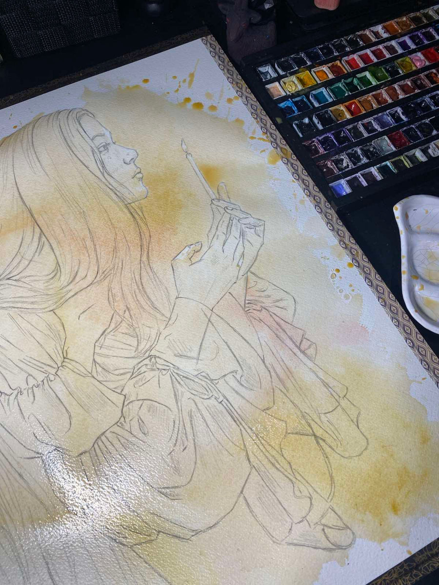 Artistic sketch of a person holding a sword on a textured surface with watercolor paints and palette in the background.